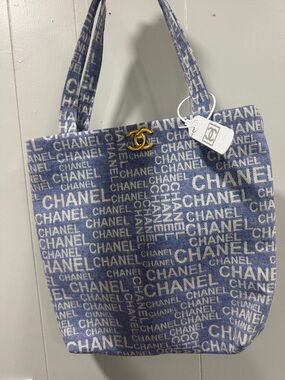 CHANEL Blue Logo-Print Canvas Tote with Gold CC Accent VIP, GWP